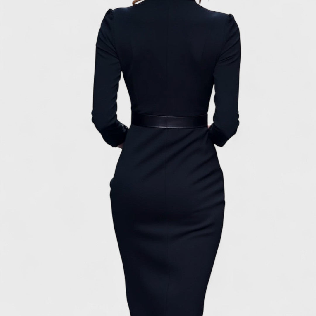 Mandarin - Elegant Black Dress with Belt and Collar