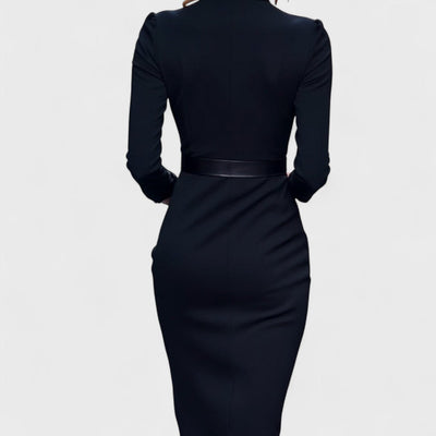 Mandarin - Elegant Black Dress with Belt and Collar