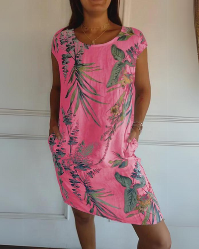 JOANA - PRINTED COTTON AND LINEN ROUND NECK DRESS