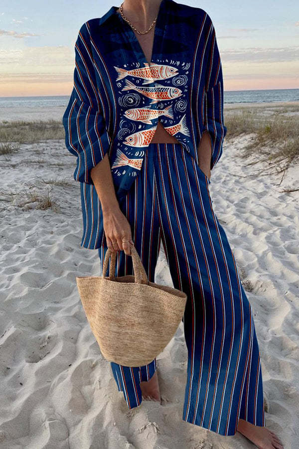 Blue Koi Printed Linen Set