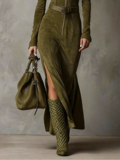 Evelyn | Belted Suede Zip Dress