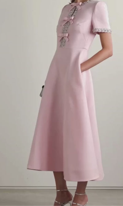 Zoe Bowknot Crystal-embellished Pink Midi Dress