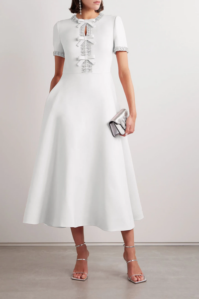 Zoe™ Bowknot Crystal-embellished White Midi Dress